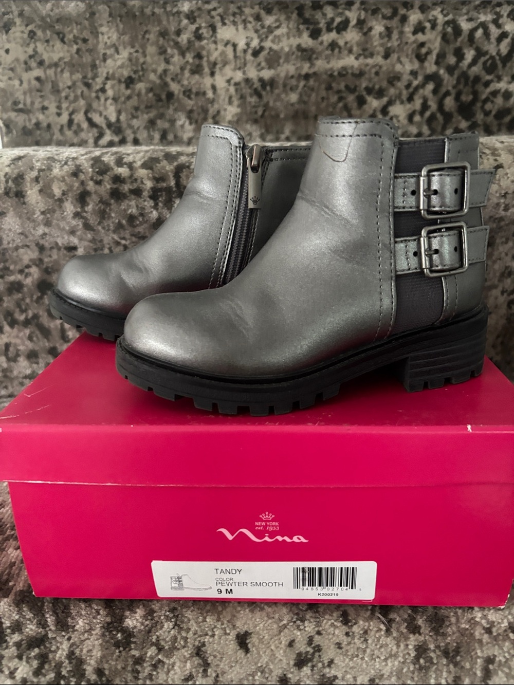 Nina Tandy Pewter Smooth Silver Buckle Lug Sole Ankle Booties